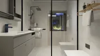 Modern bathroom with blue faucet, grey sink cabinet, glass shower door, and white tiled walls