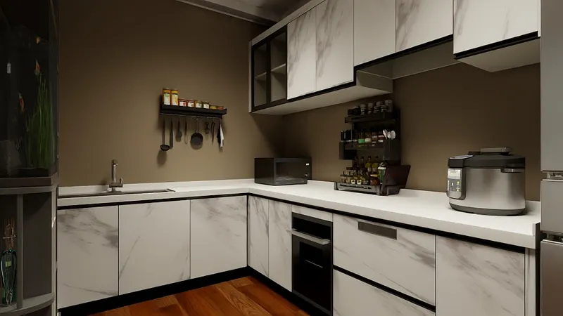 Modern kitchen with white marble cabinets dark walls wooden floor microwave and various small appliances