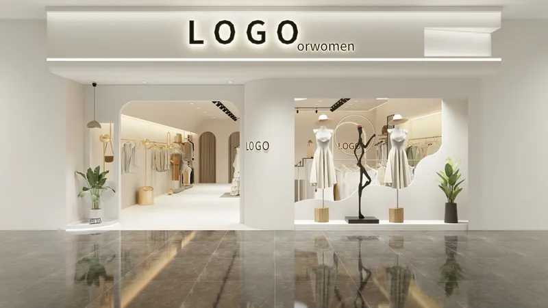 Modern white clothing store storefront with glass window display mannequins wearing dresses and curved entrance