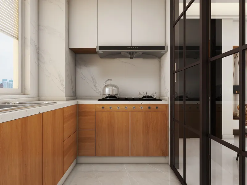 Modern kitchen with wooden lower cabinets white upper cabinets marble walls silver kettle and stove