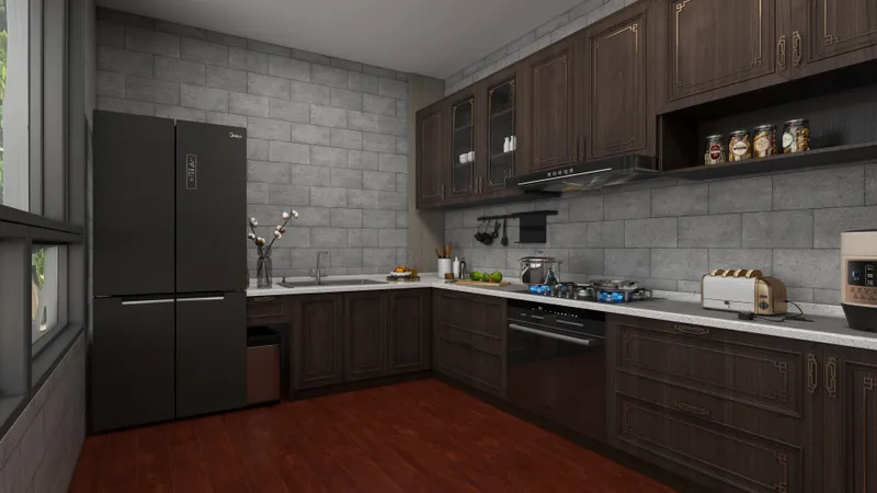 Modern kitchen featuring dark wood cabinets, grey tile wall, black refrigerator, white countertop, and stove