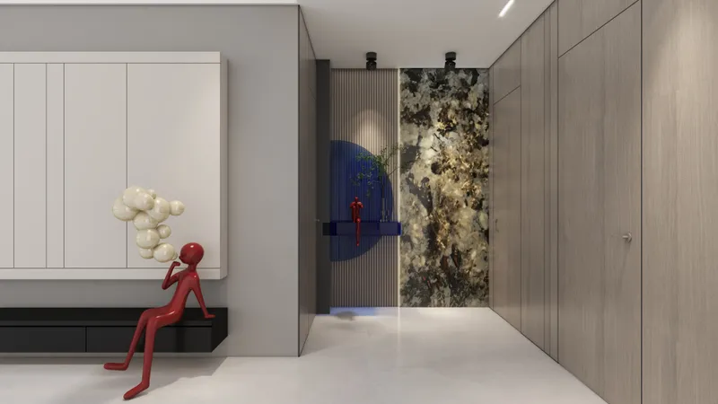 Modern entrance hallway with red sculpture on black bench wood wall panels and marble wall