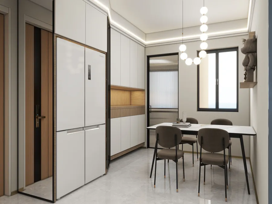 Modern kitchen and dining room with white cabinets, refrigerator, marble table, chairs, and ceiling light.