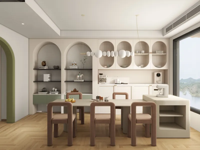 Modern dining room with beige chairs white ceiling light arched wall shelves and wooden floor