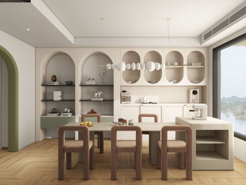 Modern Dining Room Design with Arched Shelving