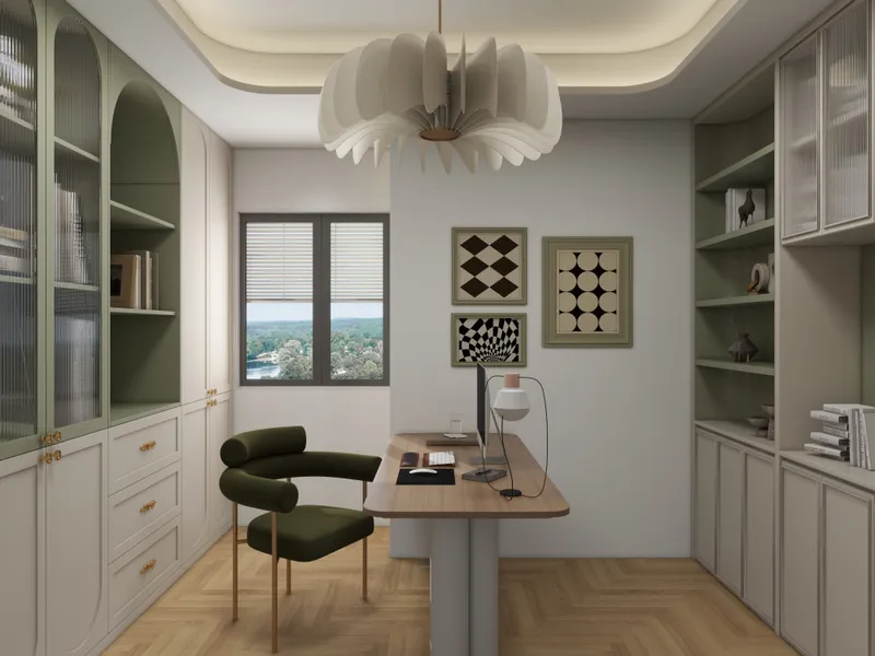 Modern home office with wood desk green chair cream cabinets window and large ceiling light
