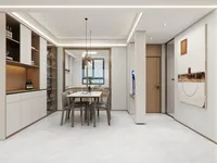 Modern interior showing dining table grey chairs large storage cabinet and big abstract wall art