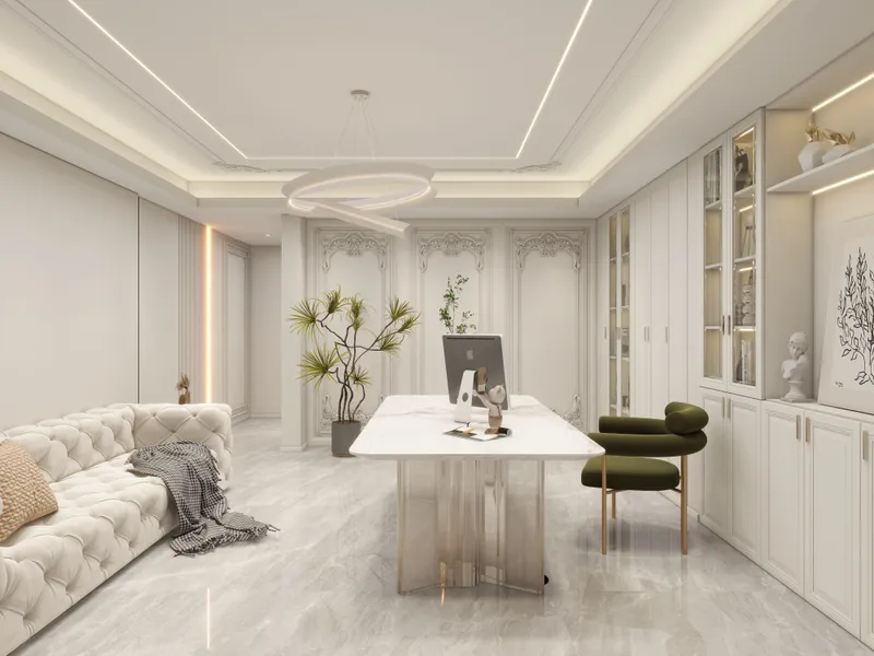 Bright home office with white sofa marble desk green chair white cabinets and ceiling light