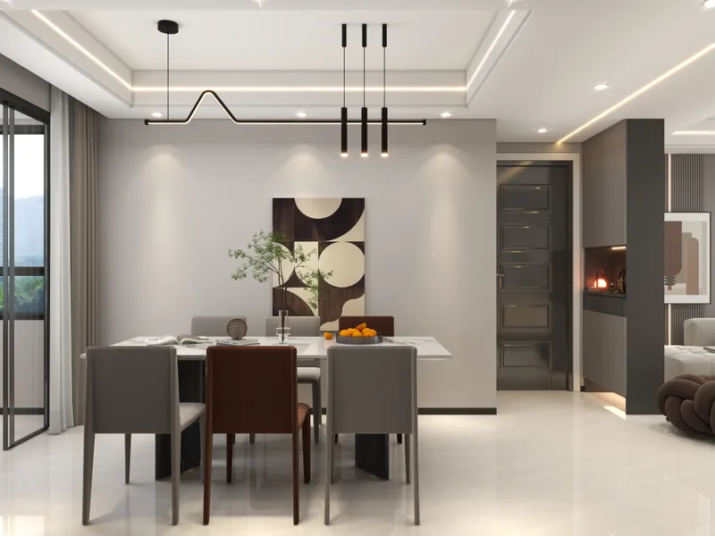 Modern dining room with white table grey chairs black ceiling lights and abstract wall art