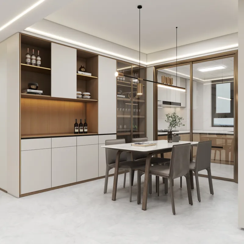 Modern dining room with white table grey chairs large wall cabinet and minimalist glass door