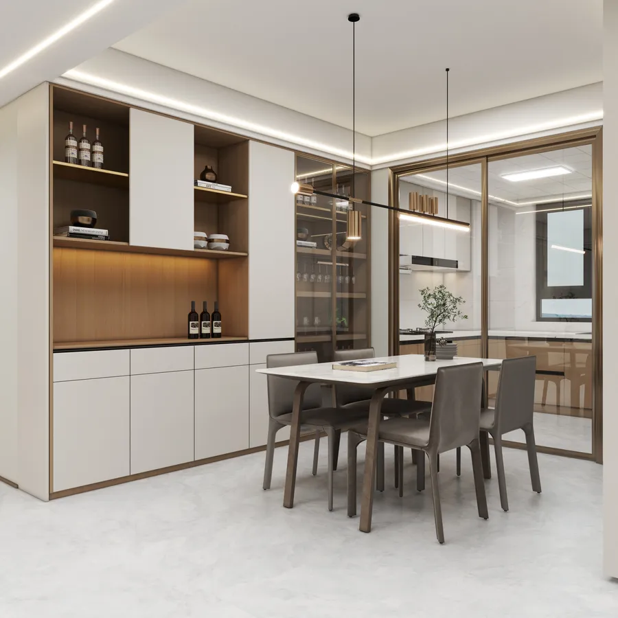 Modern dining room with white table grey chairs large wall cabinet and minimalist glass door