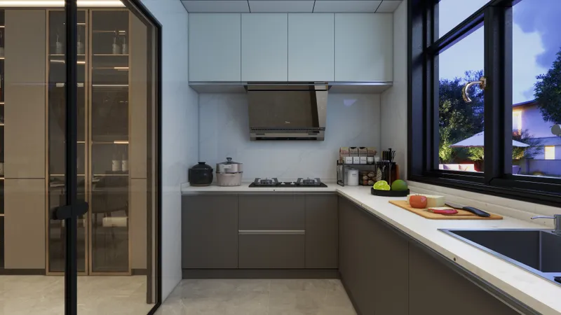 Modern grey kitchen with white countertop showing stove sink window and glass storage cabinet design