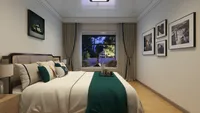 Modern bedroom featuring green bed runner framed wall art large window and light wood floor