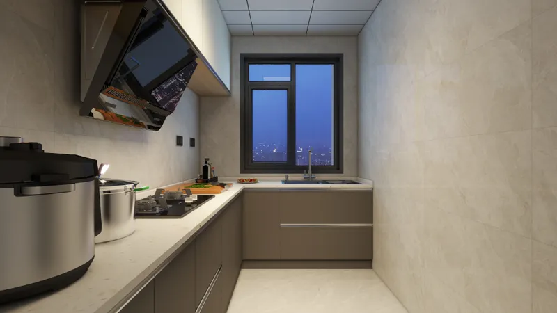 Modern kitchen with brown cabinets, white marble countertop, gas stove, sink, and large black window