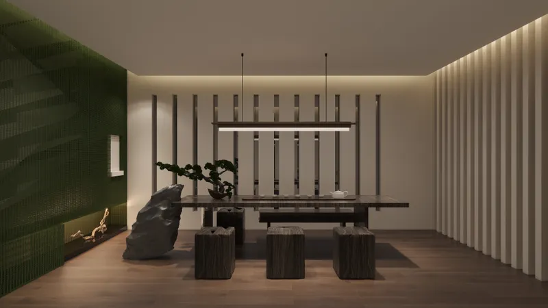 Modern tea room with dark wood table, square stools, bonsai tree, and linear ceiling light