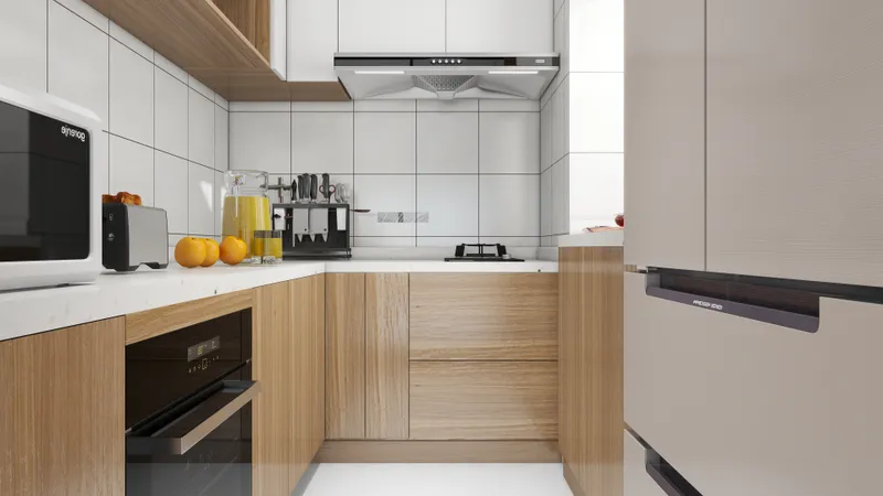 Modern small kitchen interior with wood cabinets white tile walls microwave oven toaster and hood