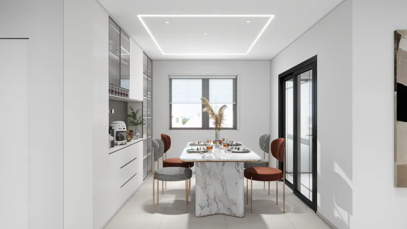 Modern dining room with marble table, four chairs, white cabinets, ceiling light and sliding door