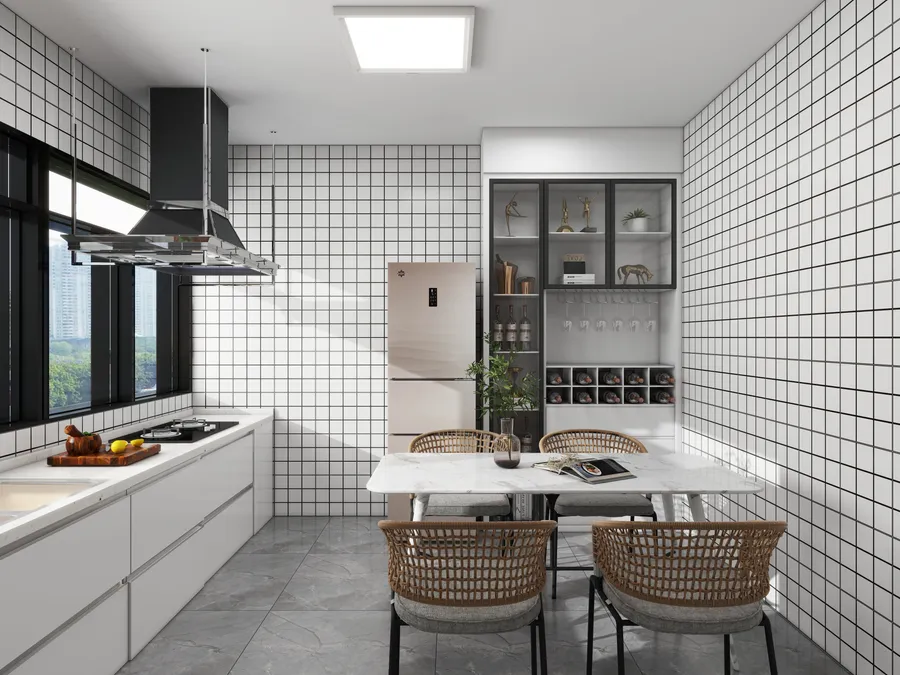 Modern kitchen dining area with white tile walls marble table woven chairs and a cabinet