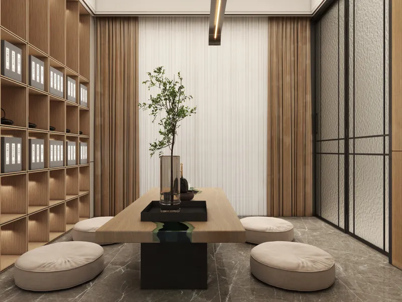 Modern tea room with wooden bookshelf long table floor cushions marble floor and ceiling light