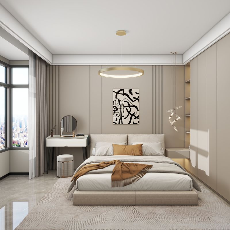 Contemporary Beige Gray Master Bedroom Design