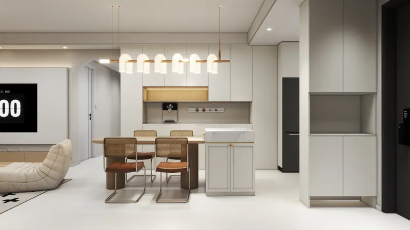 Modern dining room with wooden table woven chairs white kitchen cabinets and bright ceiling light
