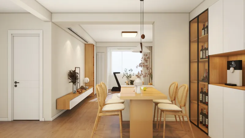Modern dining room with wooden table rattan chairs white walls glass cabinet and ceiling light