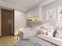 Pink girl bedroom with white desk, rabbit pillows, wooden door, storage cabinets, and wall art