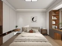 Modern bedroom interior design drawing with beige bed white cabinets wooden desk and minimalist art
