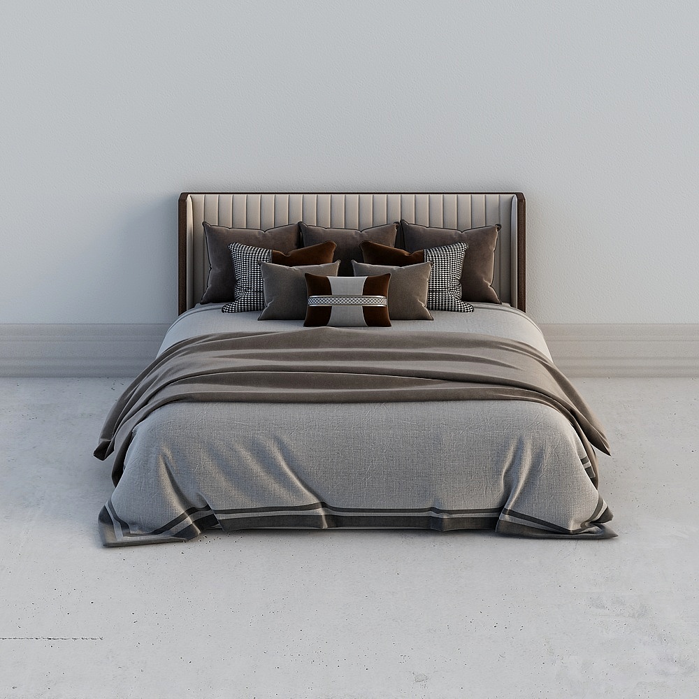 Modern king size bed with beige padded headboard and grey bedding on light grey background