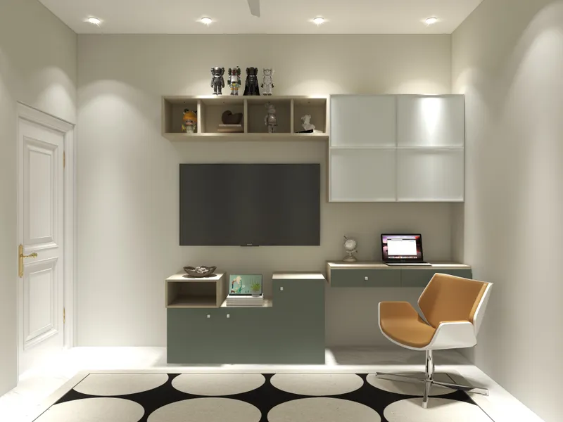 Modern living room with wall television green cabinets desk laptop orange chair and white door
