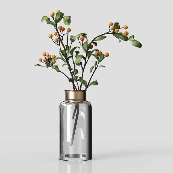 Elegant Glass Vase with Leaves 3D model