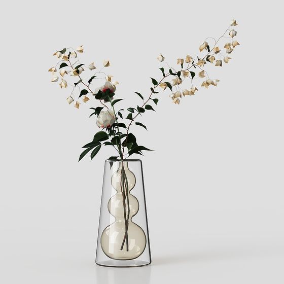 Elegant Low-Poly Vase with Leaves 3D model
