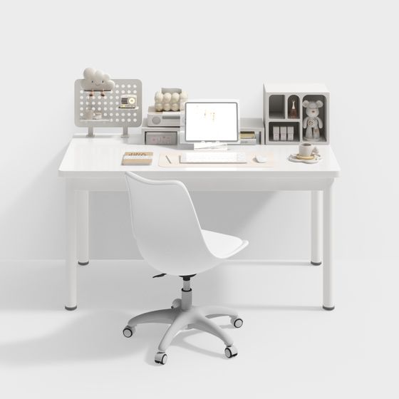 Modern White Desk and Chair Set 3D Model