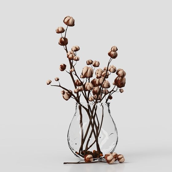 Cotton Branch with Glass Vase 3D model for Creative Projects