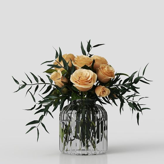 Low-Poly High-Detail Glass Vase with Roses 3D model
