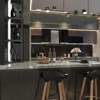 Modern kitchen bar area with marble countertop black bar stools wooden legs and track lighting