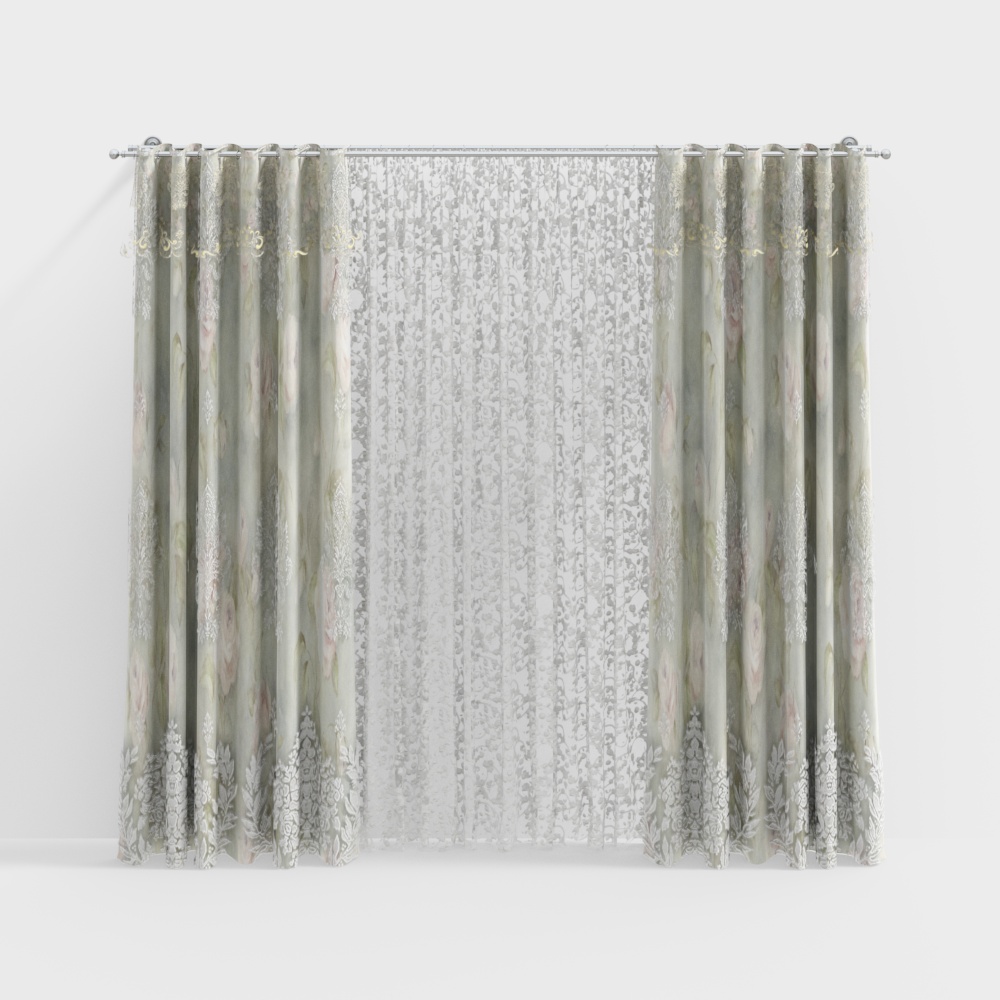 Elegant Lace Curtain 3D Model – Gray Lace with Gold Details