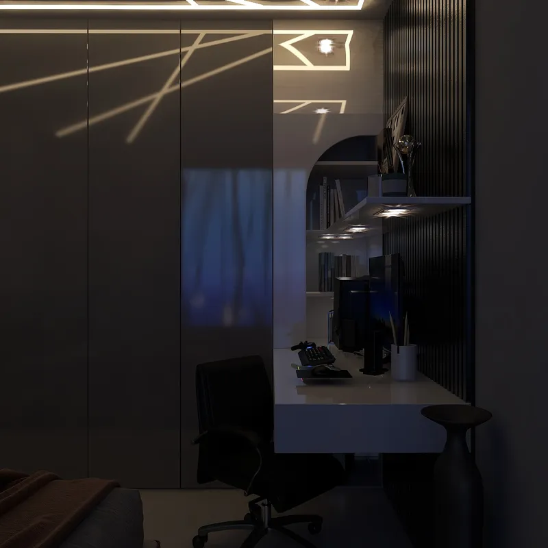 Modern home office featuring white desk black chair computer monitor and glowing linear ceiling light fixtures