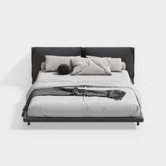 Leather Double Bed 3D Model in Modern Black