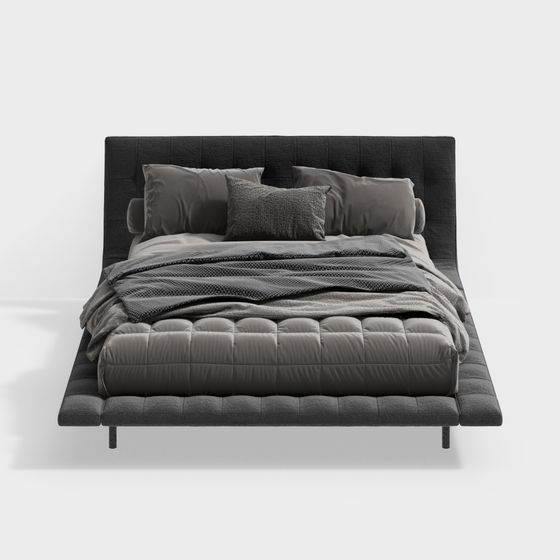 Phòng ngủ hiện đại với giường đôi vải màu xám