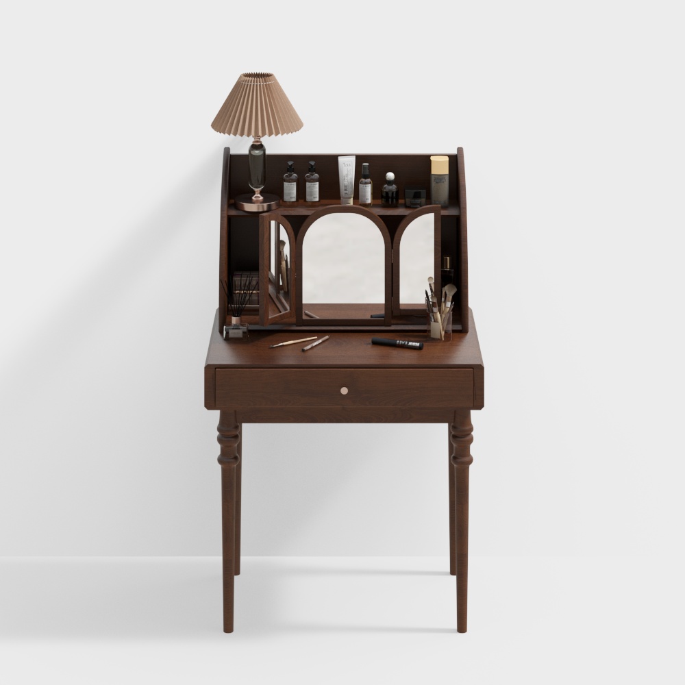 Retro Makeup Vanity 3D Model – Vintage Wood Texture