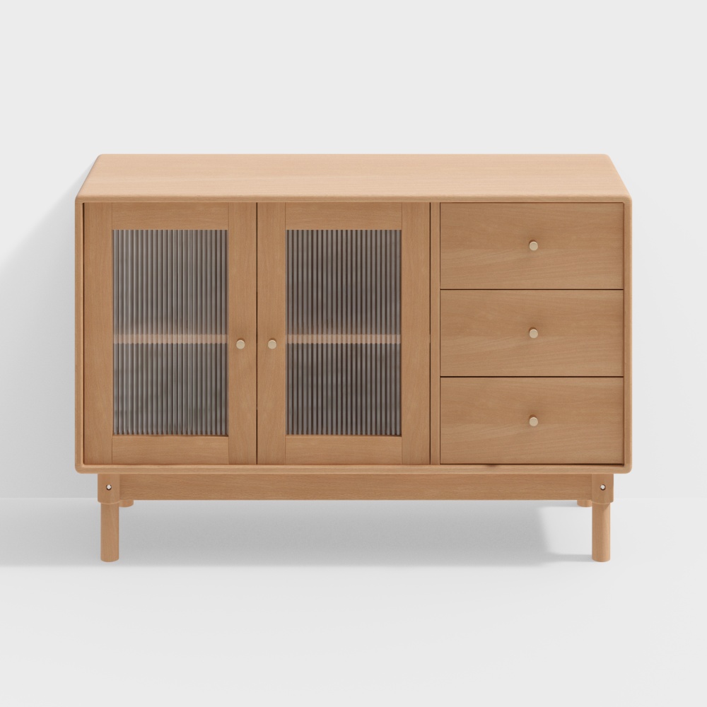 Nordic Style Storage Cabinet 3D Model – Light Wood & Glass