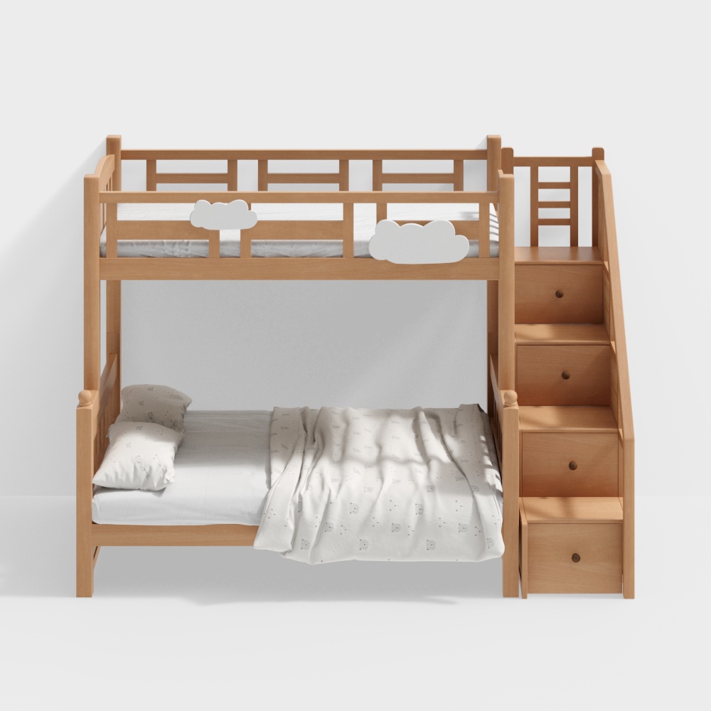 Qiao Mu Le language - Solid wood high and low bed ladder cabinet - log wind solid wood frame high and low bed