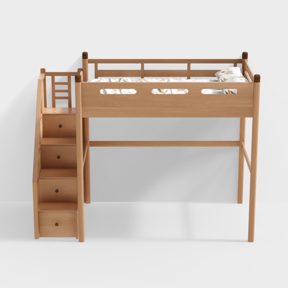 Qiaomu Leyu - Dou Dou Ladder Cabinet Loft Bed - Solid Wood Frame