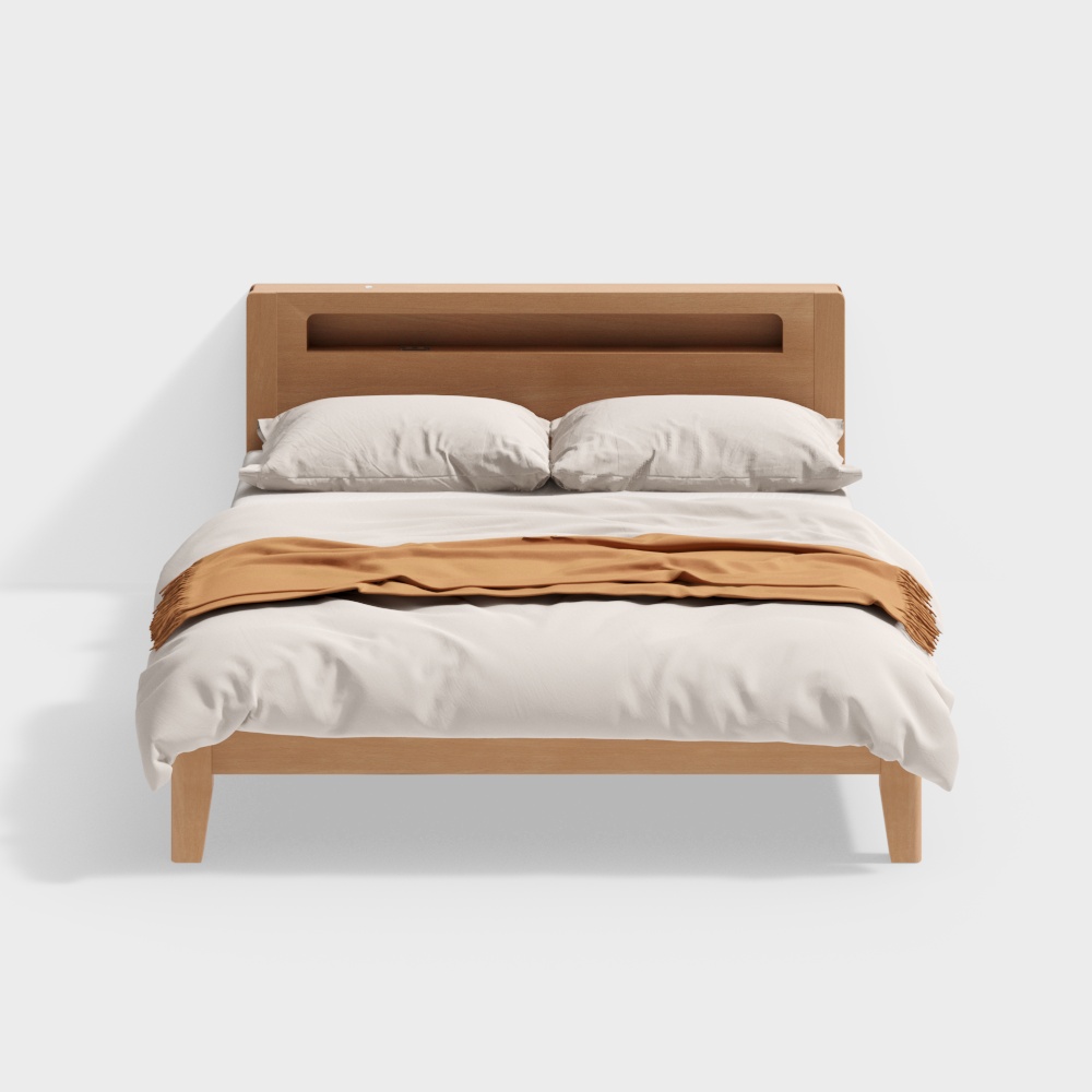 Modern Minimalist Bed Frame 3D Model – Wooden Low-poly Design