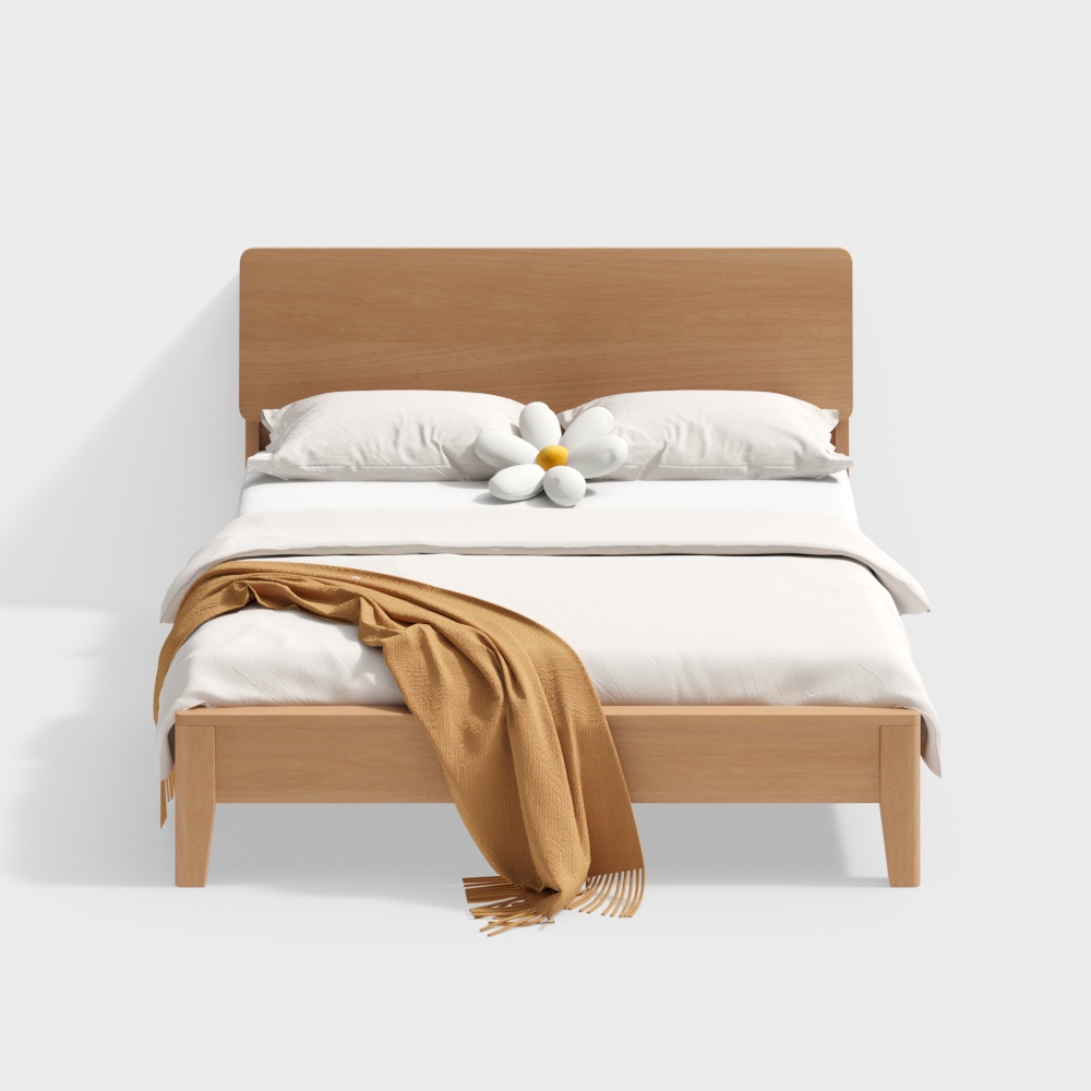 Elegant Low-Poly Bed Frame 3D Model – Wooden Minimalist Design
