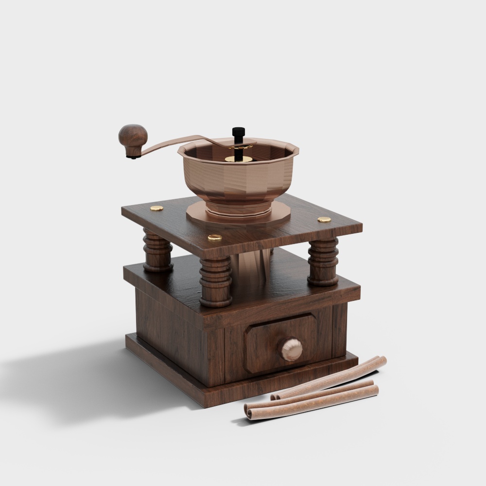 Vintage Coffee Grinder 3D Model – Rustic Wooden Design