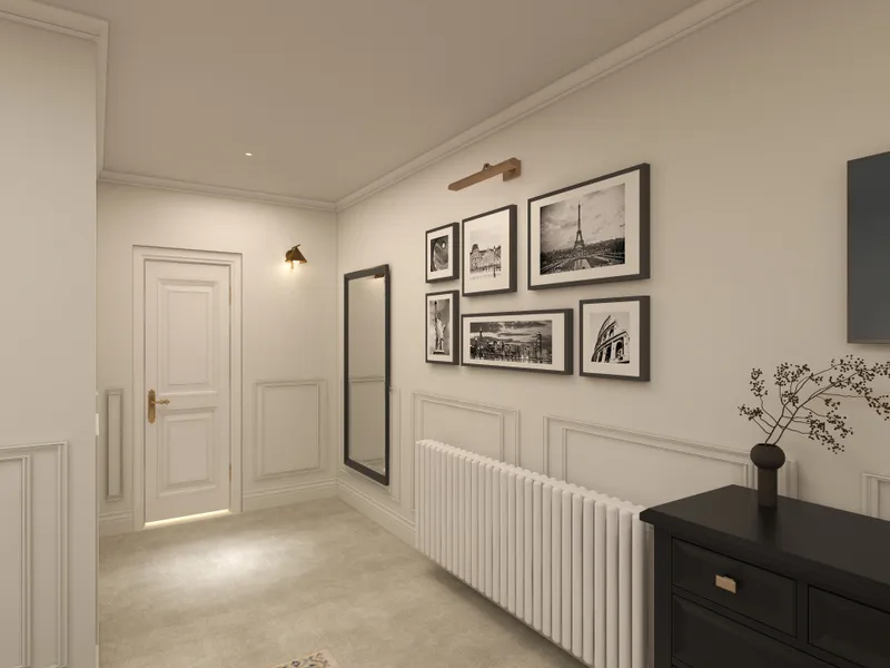 White classic hallway with wall panels, framed pictures, tall mirror, radiator, and a black cabinet
