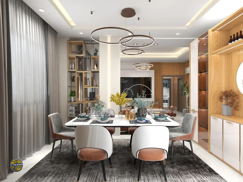 Modern dining room with marble table grey chairs circular ceiling lights wooden cabinets and curtains