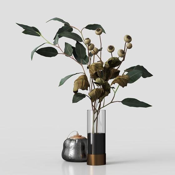 Glass Vase with Eucalyptus Branch 3D model